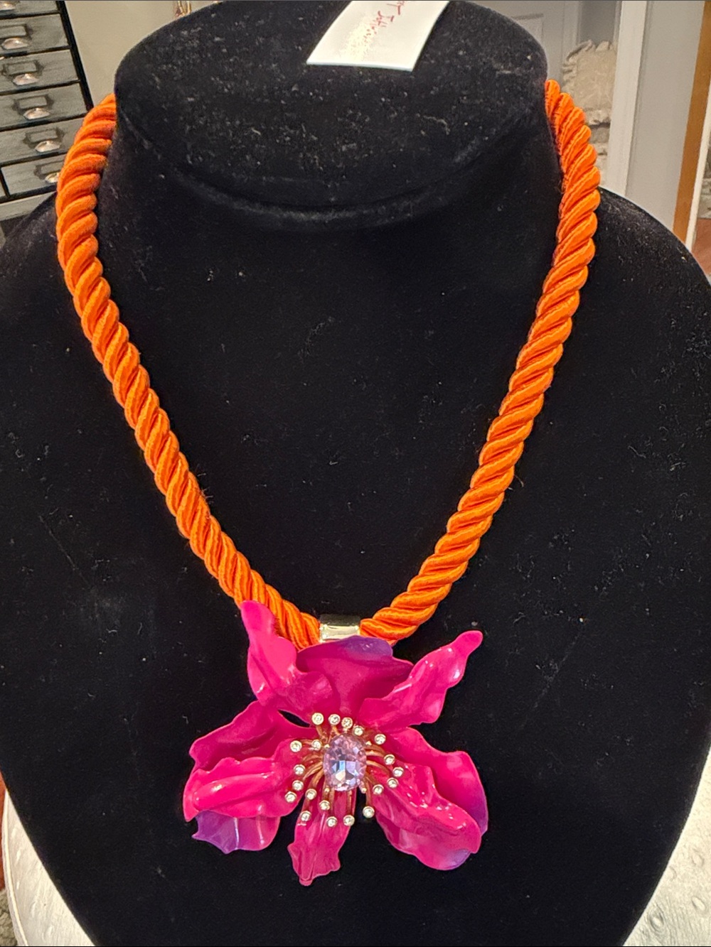 Betsey Johnson Pink Floral Pendant Necklace with Orange Rope Cord
